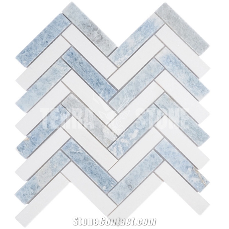 Argentina Blue White Marble Herringbone 1"X4" Mosaic Tile