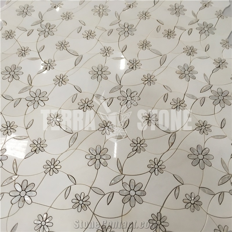 Artistic Flower Design White Stone Waterjet Mosaic Tile