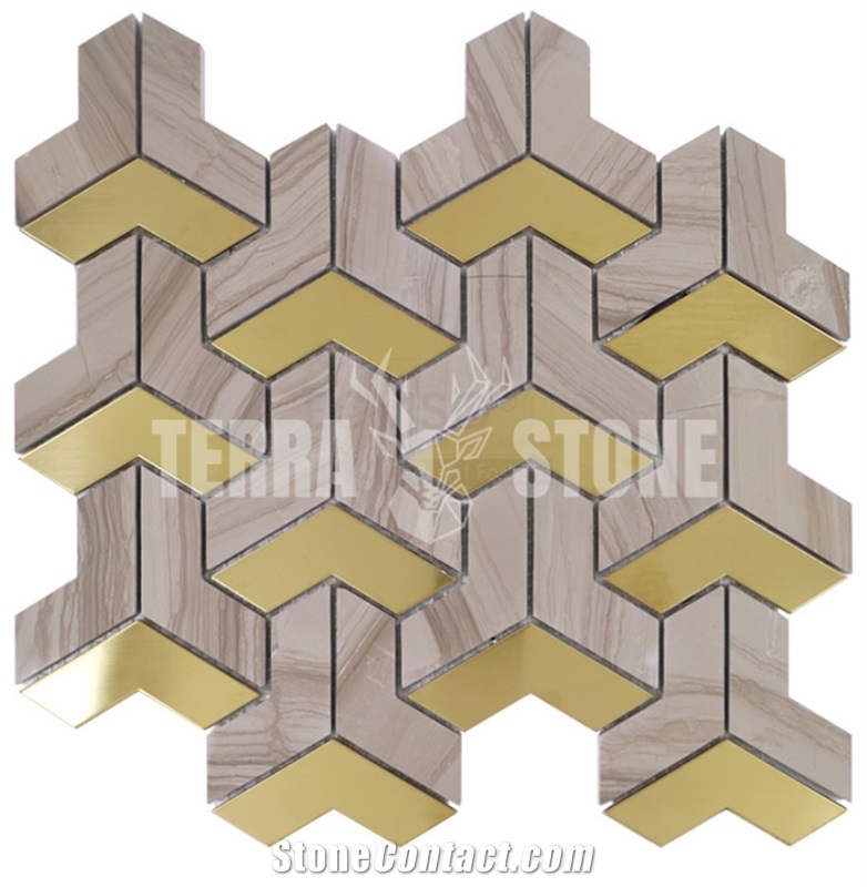 Athens Wood Marble Waterjet Mosaic With Stainless Steel