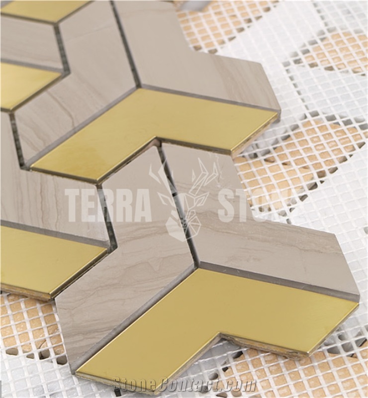 Athens Wood Marble Waterjet Mosaic With Stainless Steel