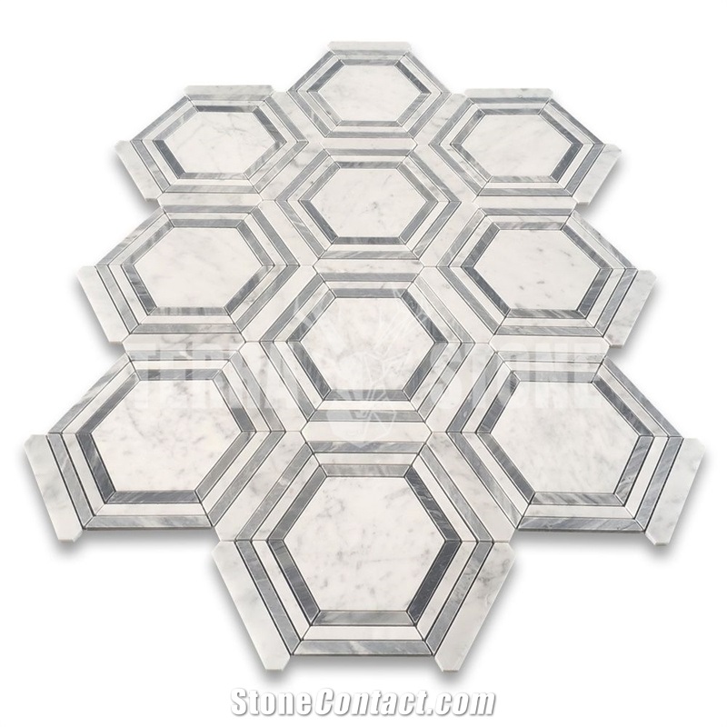 Bardiglio Gray Carrara Hexagon Georama Geometric Mosaic Tile