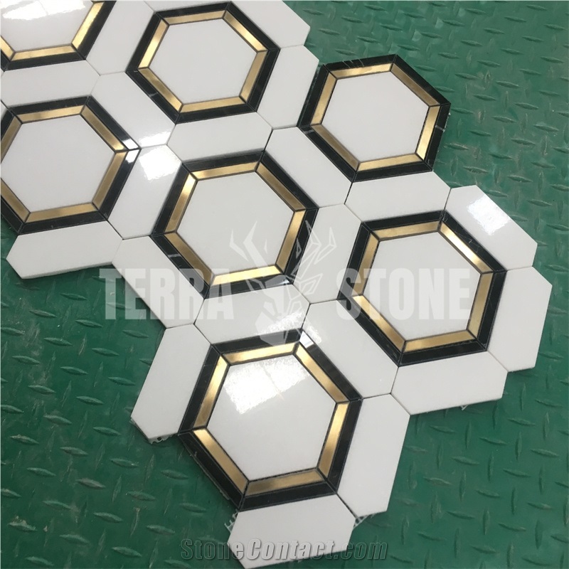 Big Hexagon White Thassos And Black With Brass Waterjet Tile