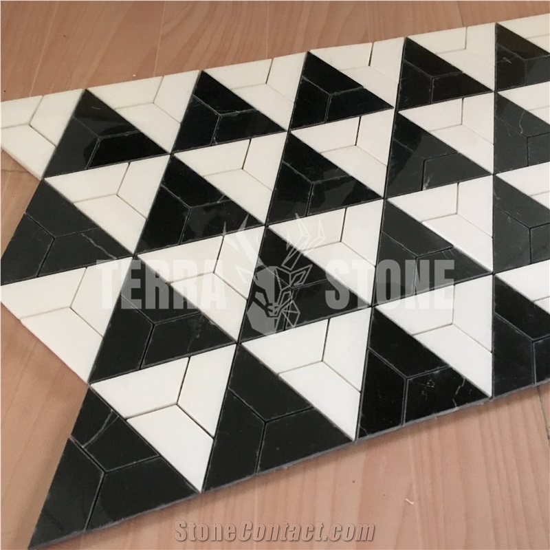 Black And White Triangle Marble Mosaic Waterjet Tile