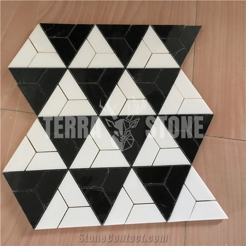 Black And White Triangle Marble Mosaic Waterjet Tile