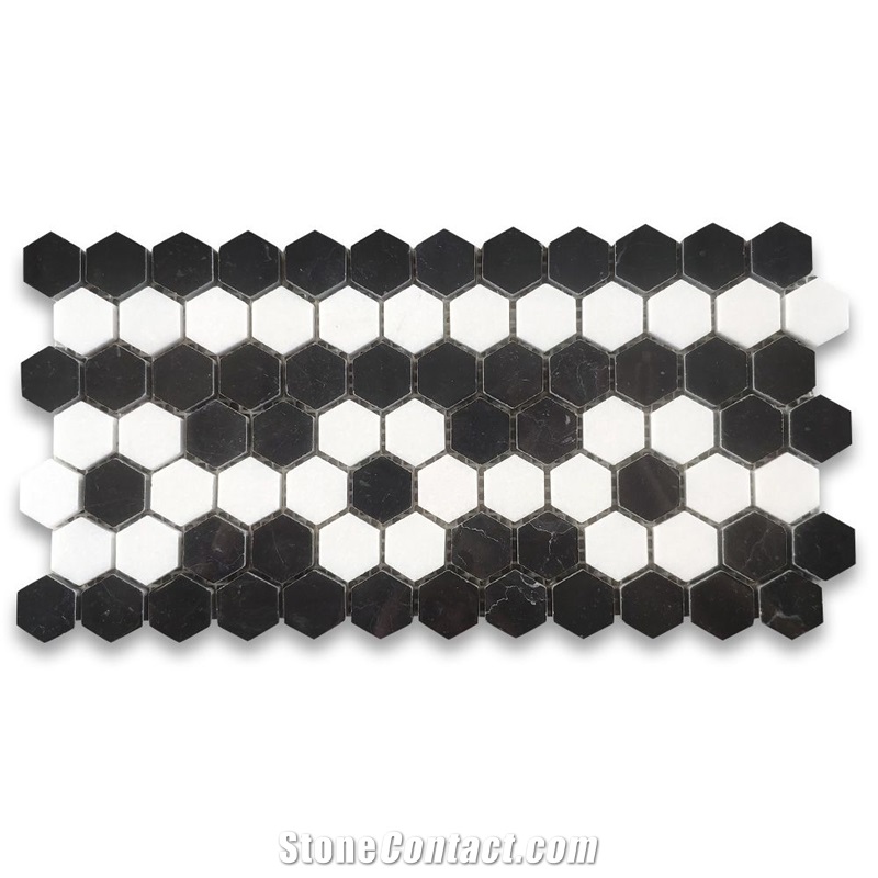 Black Marble Hexagon Mosaic Border Tile Flower Pattern