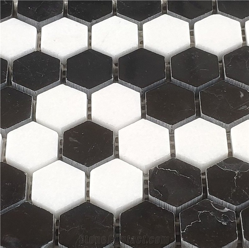 Black Marble Hexagon Mosaic Border Tile Flower Pattern