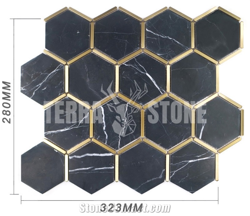 Black Marble Hexagon Mosaic With Brass Inlay Tile