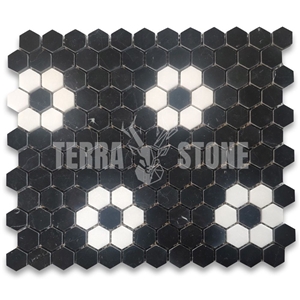 Black Marble Hexagon Rosette Mosaic Tile Thassos White