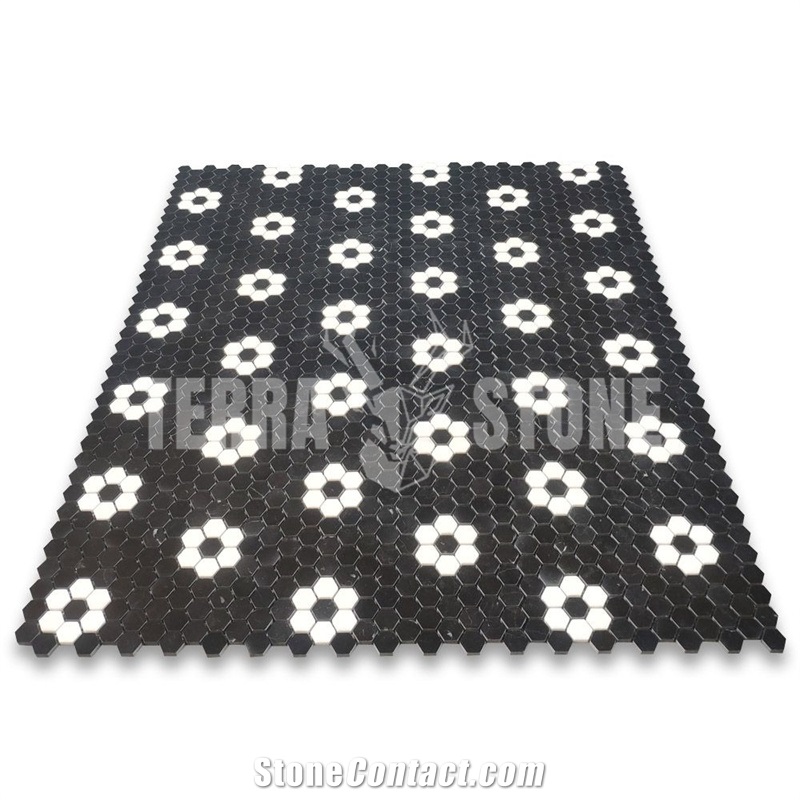Black Marble Hexagon Rosette Mosaic Tile Thassos White