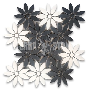 Black Thassos White Marble Daisy Waterjet Mosaic Tile