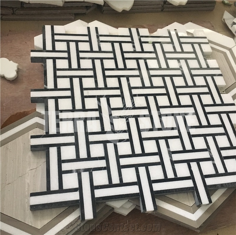 Black White Basket Weave Mosaic Marble Bathroom Tile