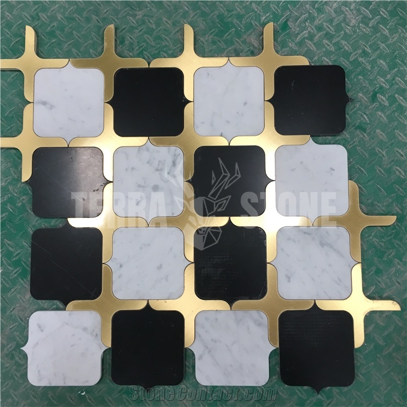 Black White Gold Marble With Brass Waterjet Mosaic Tile