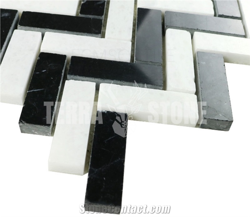 Black White Natural Marble Herringbone 1"X2" Mosaic Tile