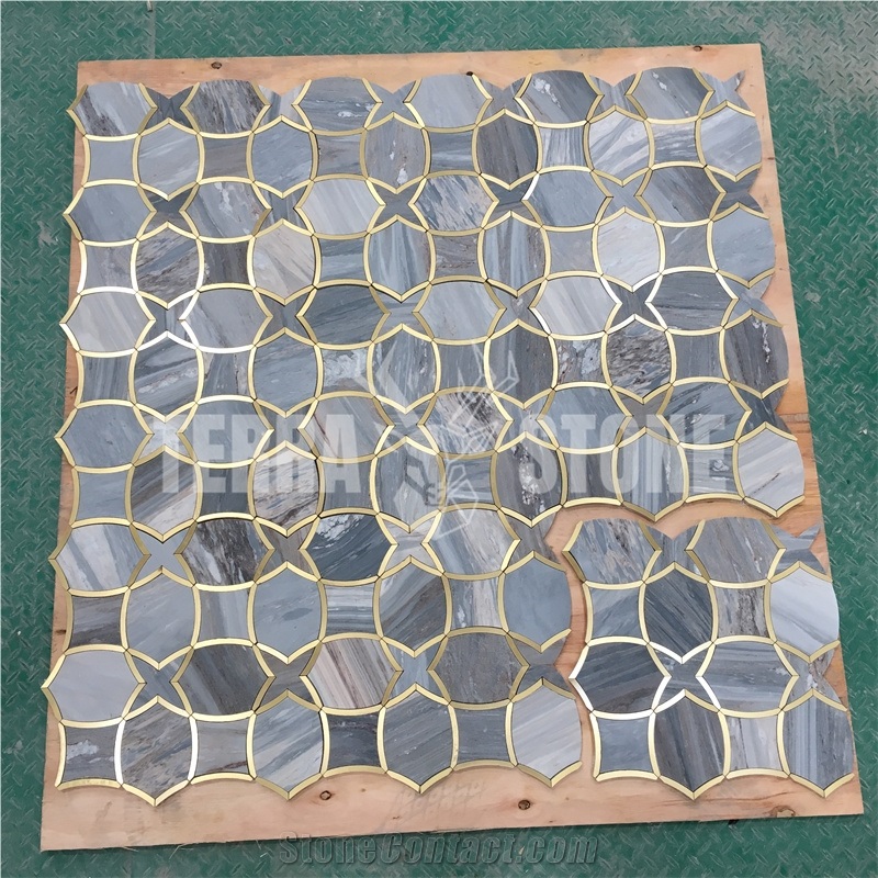 Blue Marble And Gold Metal Waterjet Marble Mosaic Tile