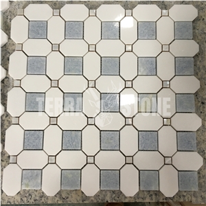 Blue Thassos White Marble Hexagon Square Mosaic Tile Shell