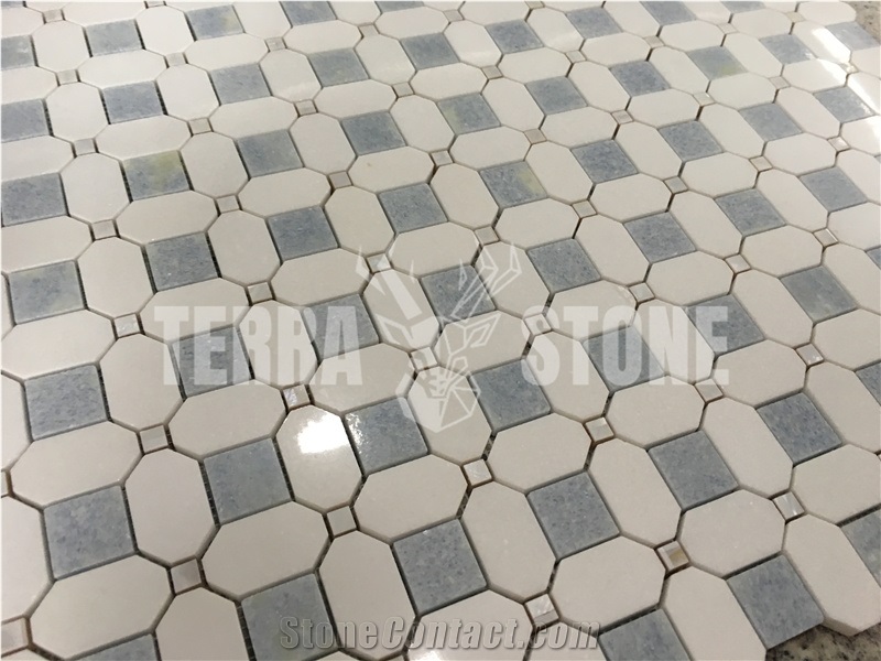 Blue Thassos White Marble Hexagon Square Mosaic Tile Shell