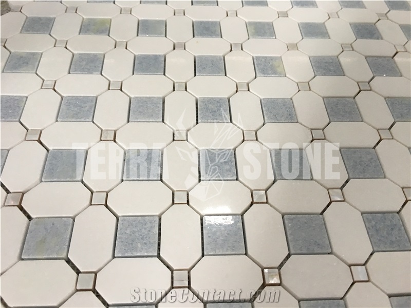 Blue Thassos White Marble Hexagon Square Mosaic Tile Shell