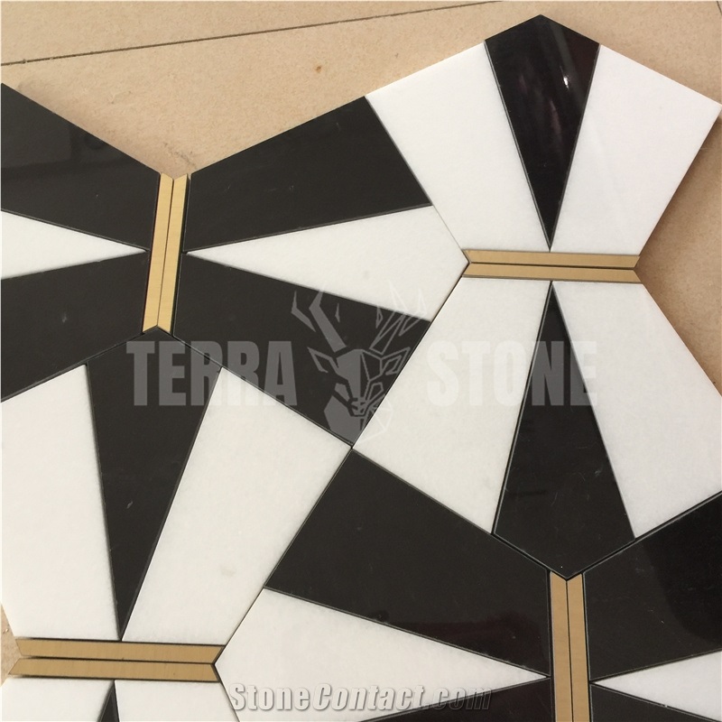 Bow Pattern Waterjet Mosaic White And Black Marble Tile