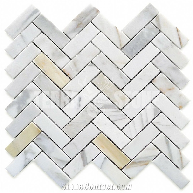 Calacatta Gold Marble 1X3 Herringbone Mosaic Tile Polished