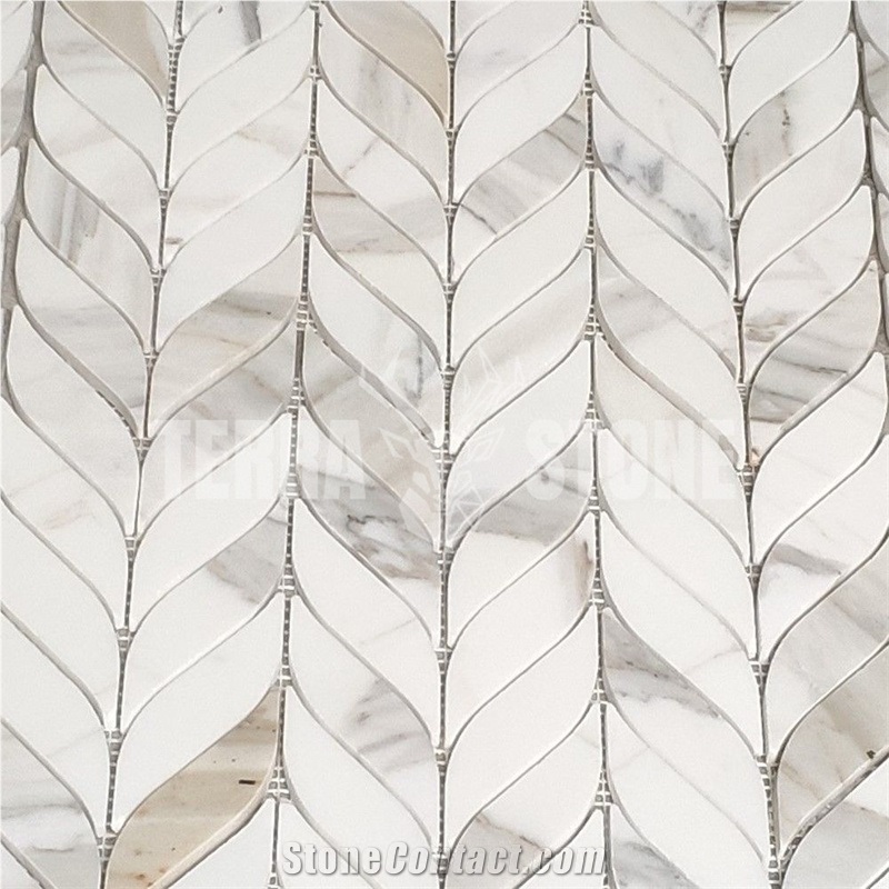 Calacatta Gold Marble Feather Leaf Grand Mosaic Tile