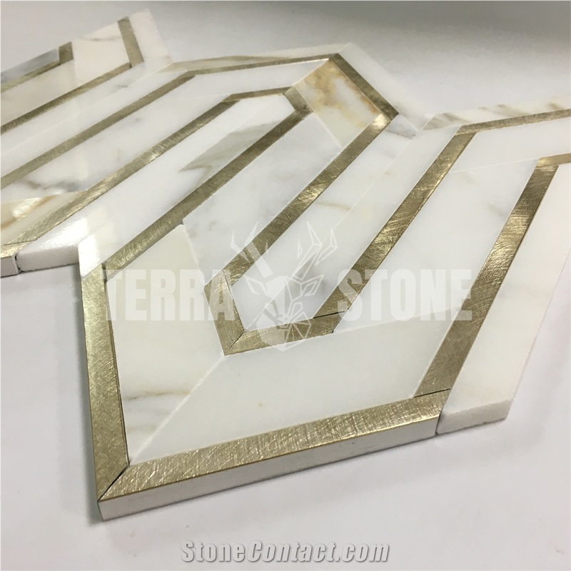 Calacatta Gold Marble Metal Waterjet Mosaic Bathroom Tile