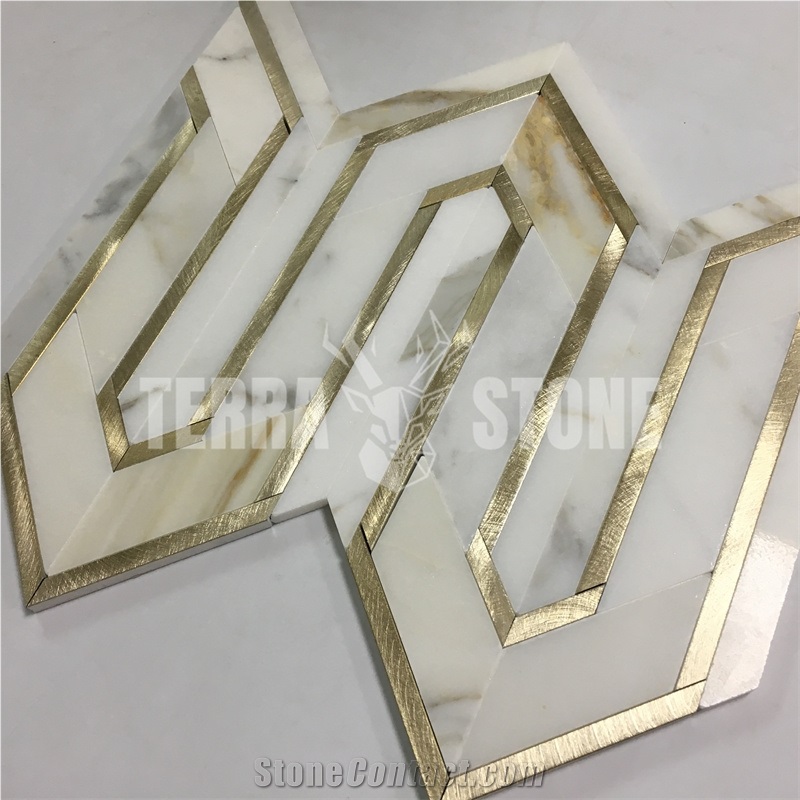 Calacatta Gold Marble Metal Waterjet Mosaic Bathroom Tile