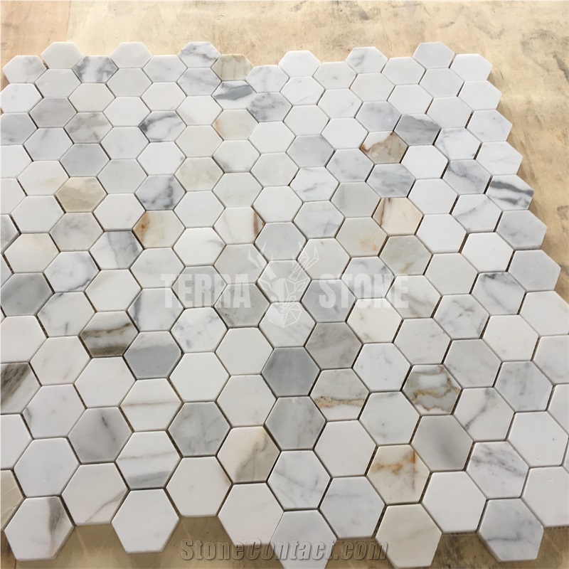 Calacatta Gold Marble Mosaic 2" Hexagon Tile For Backsplash