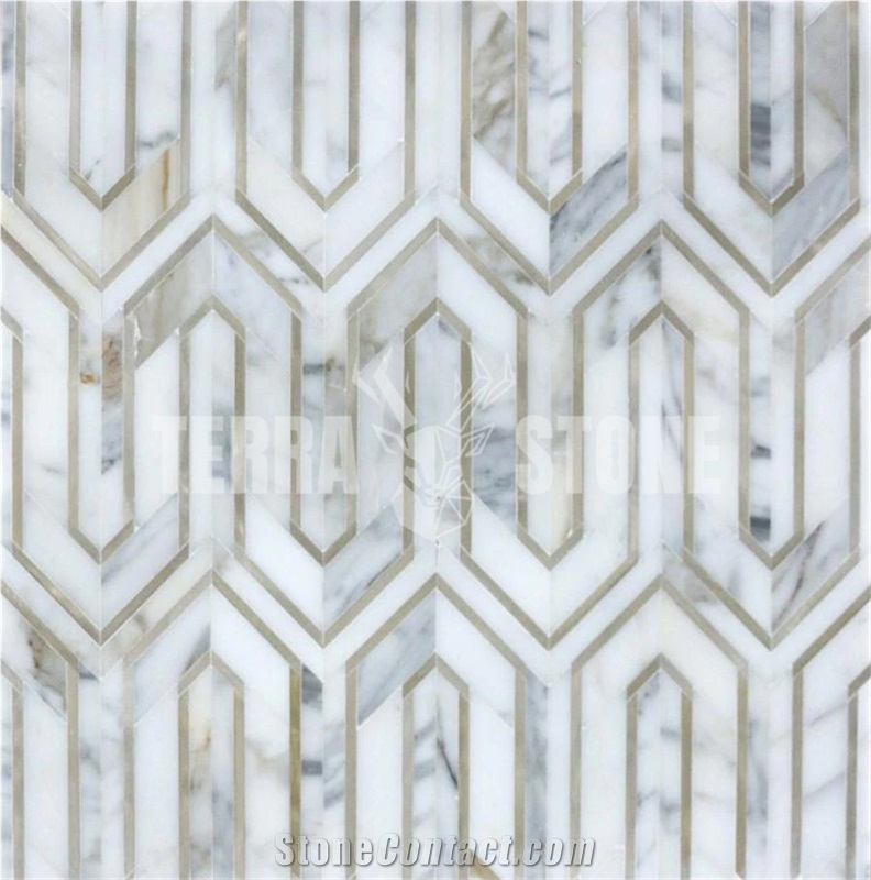 Calacatta Marble And Gold Metal Waterjet Mosaic Tile