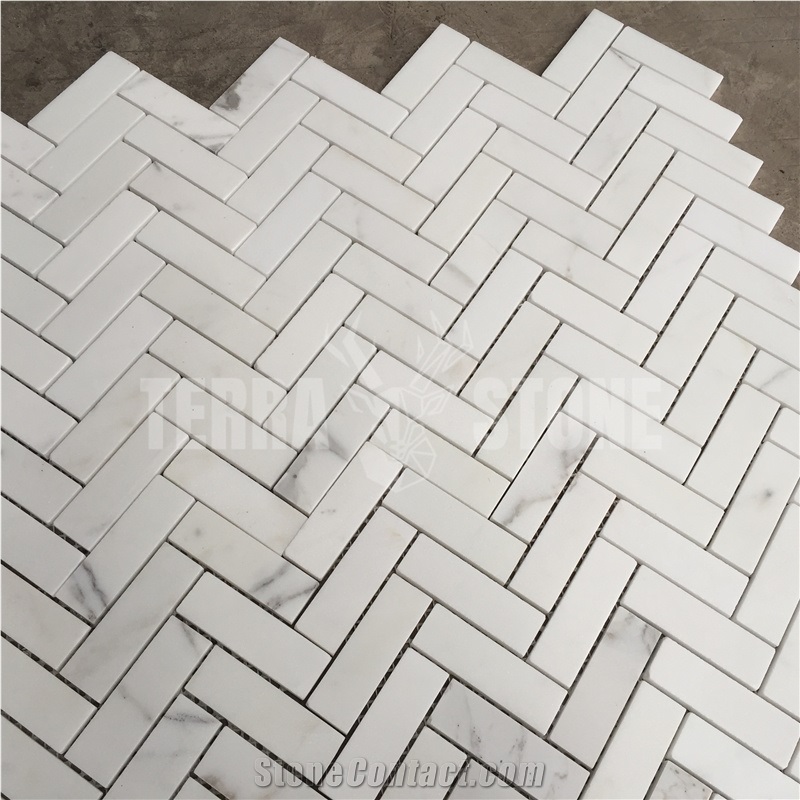 Calacatta White Marble 1"X3" Herringbone Mosaic Tile
