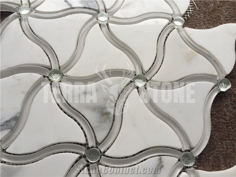Calacatta White Marble Water Jet Mosaic With Glass Tile