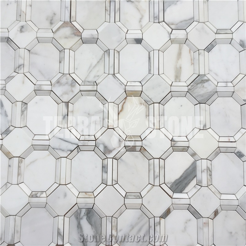 Calacatta White Marle 3D Octagon Kitchen Backsplash Mosaic
