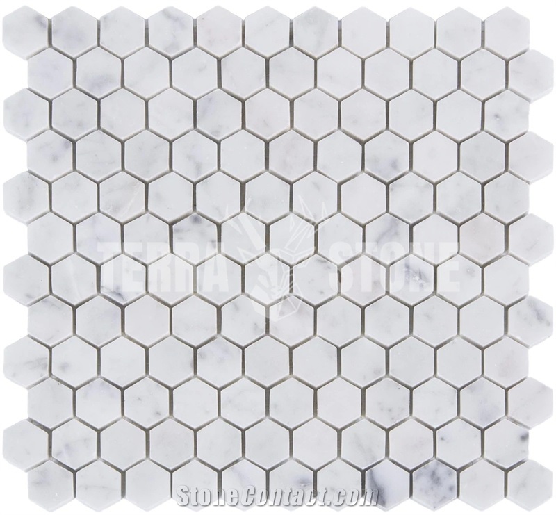 Carrara Bianco Marble Mosaic Tile - 1" Hexagons - Polished