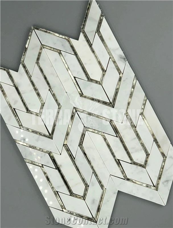 Carrara Marble Antique Mirror Glass Waterjet Mosaic Tile