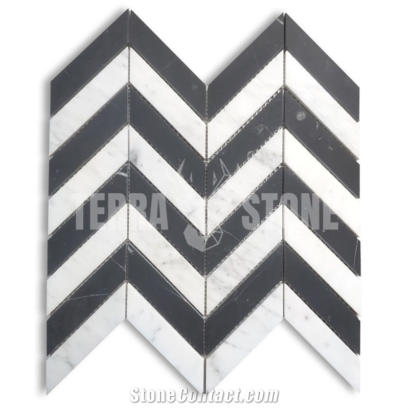 Carrara White Black Marble 1X4 Chevron Mosaic Tile