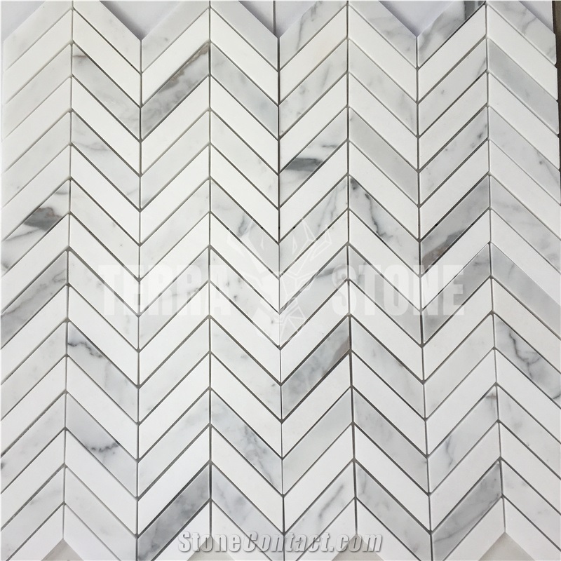 Carrara White Marble Chevron Mosaic Tile For Bathroom Floor
