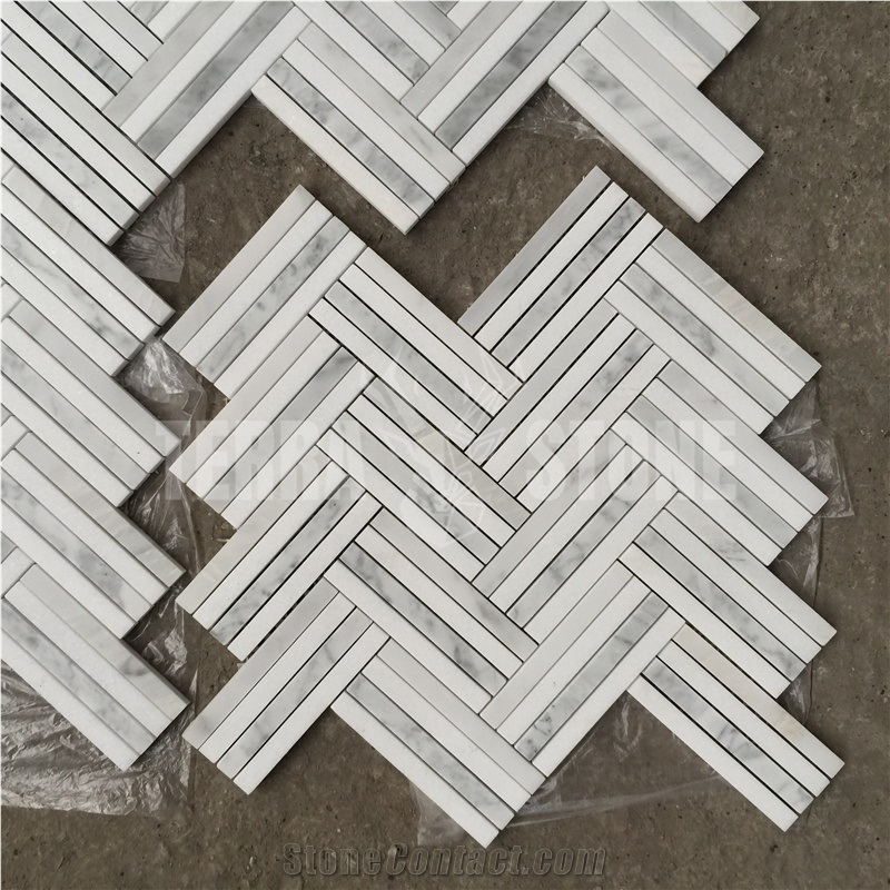 Carrara White Marble Double Herringbone Mosaic Tile For Wall