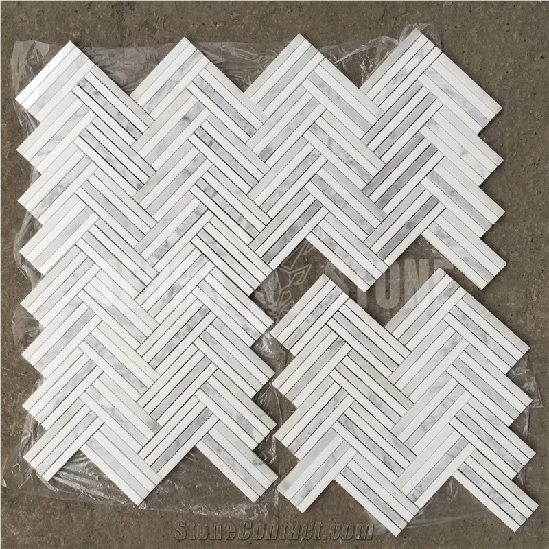 Carrara White Marble Double Herringbone Mosaic Tile For Wall
