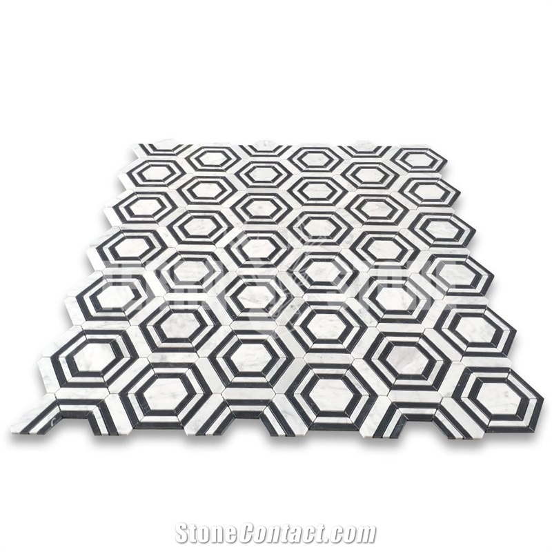 Carrara White Marble Hexagon Georama Geometric Mosaic Tile