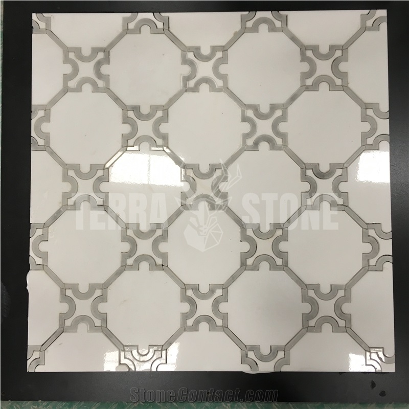 Carrara White Marble Waterjet Mosaic Mother Pearl Shell Tile