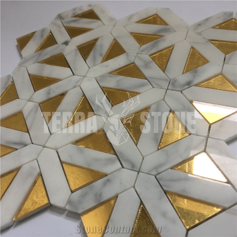 Carrara White Marble With Golden Glass Inlay Geometry Mosaic