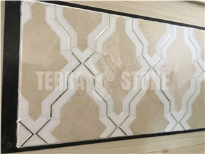 Crema Marfil Beige Waterjet Marble Mosaic Tile With Glass