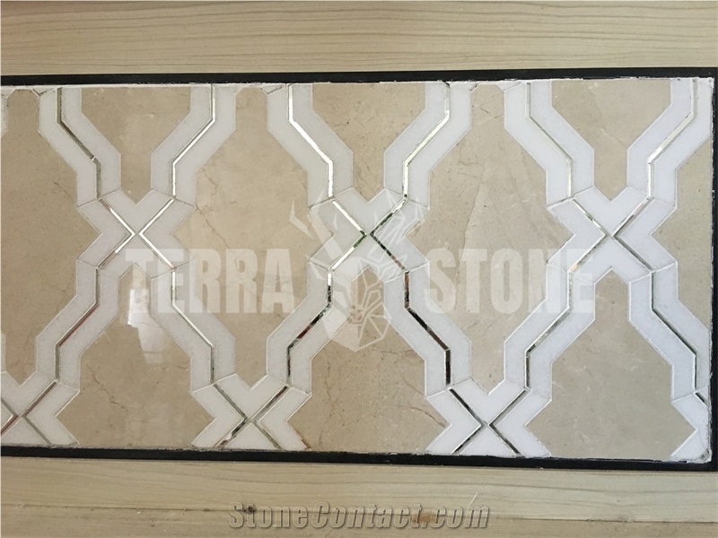 Crema Marfil Beige Waterjet Marble Mosaic Tile With Glass