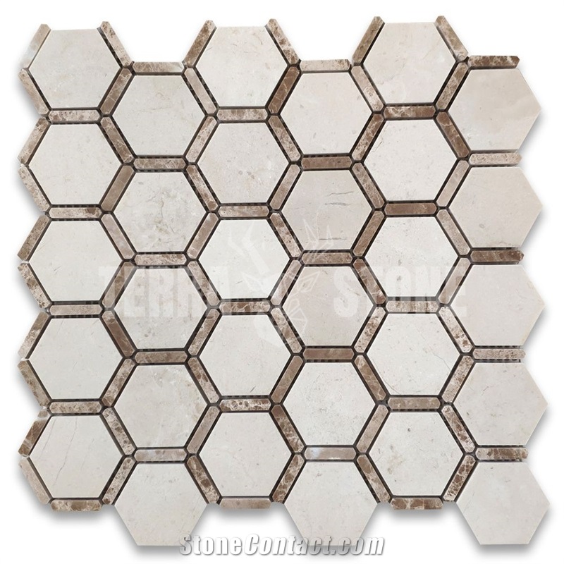 Crema Marfil Marble 2 Inch Hexagon Mosaic Tile Emperador