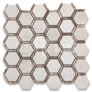 Crema Marfil Marble 2 Inch Hexagon Mosaic Tile Emperador