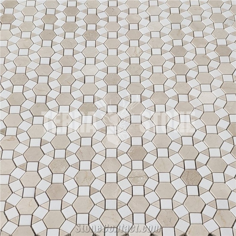 Crema Marfil Marble Hexagon Sunflower Waterjet Mosaic Tile