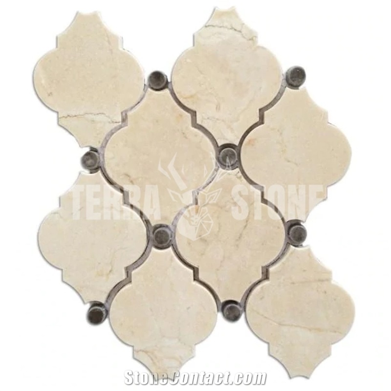 Crema Marfil Waterjet Mosaic Tile With Grey Marble Lanterns