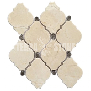 Crema Marfil Waterjet Mosaic Tile With Grey Marble Lanterns