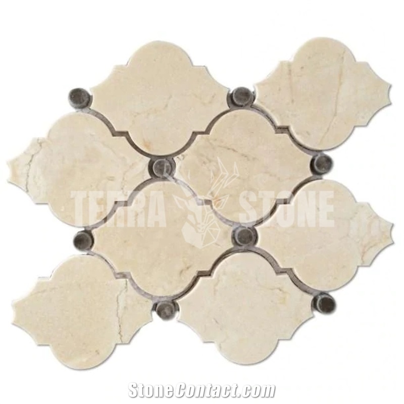 Crema Marfil Waterjet Mosaic Tile With Grey Marble Lanterns