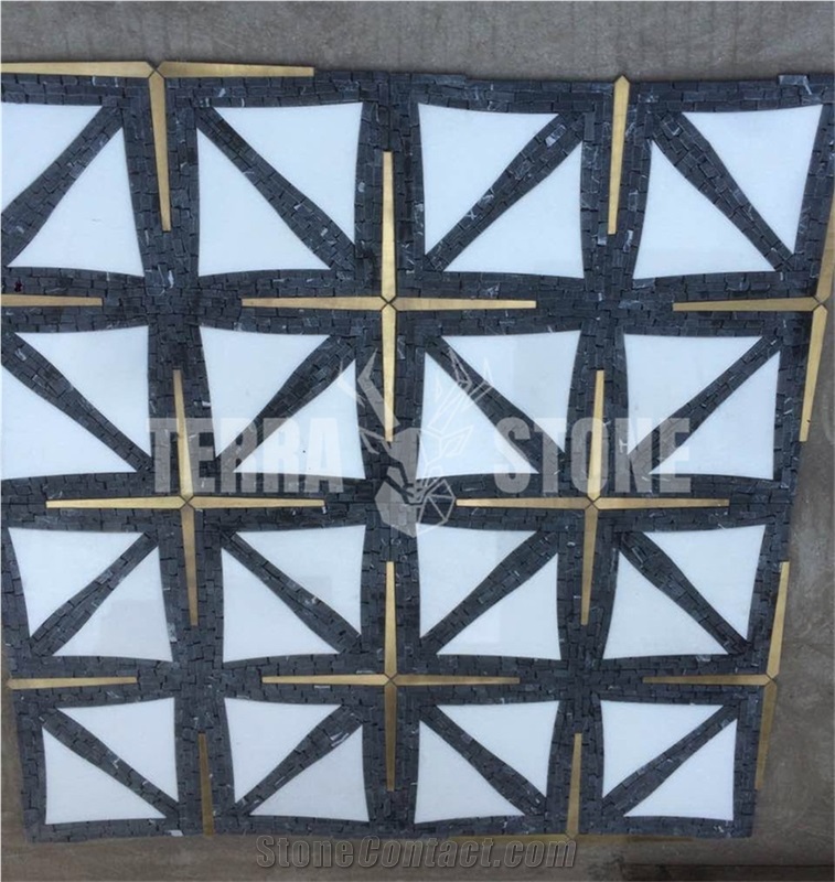 Cross Pattern White Black Waterjet Mosaic Gold Brass Tile