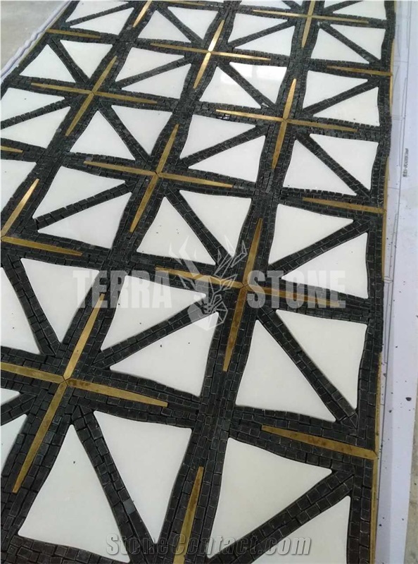 Cross Pattern White Black Waterjet Mosaic Gold Brass Tile